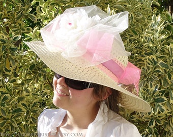 Summer HAT with white peony pink - Derby 9 - sun hats womens accessories - fashion straw woven wide hat with flowers - retro Paris