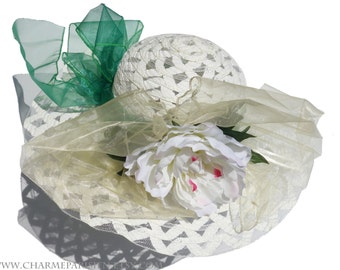 White wedding HAT with white peony green ivory - Ascot Derby 5 - sun hats womens accessories - fashion summer straw woven wide hat - retro