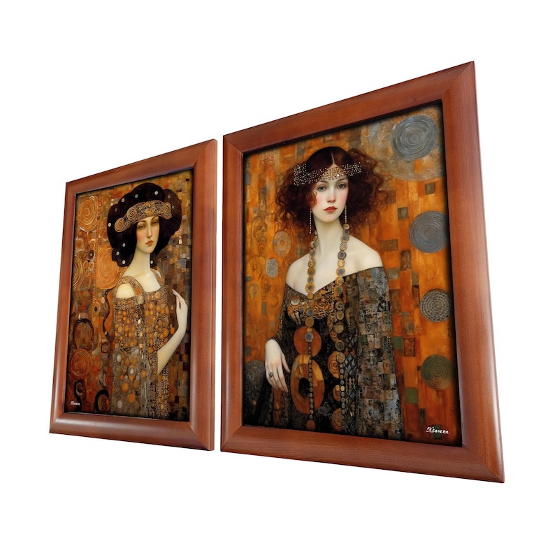 May include: Two framed paintings of women in gold and black dresses with intricate details. The paintings are set against a background of gold and brown mosaic tiles.