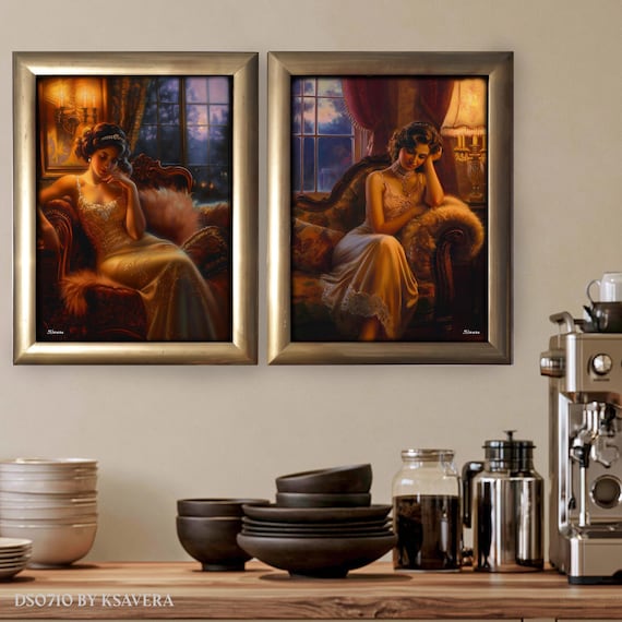 Belle Époque, Klimt Style, Acrylic Glass Print – Framed Art, Diptych by Ksavera - DS0710