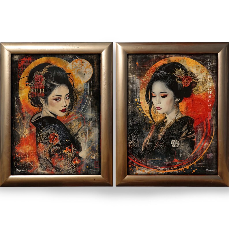 two framed artworks depicting women in traditional Japanese attire, with intricate designs and patterns.