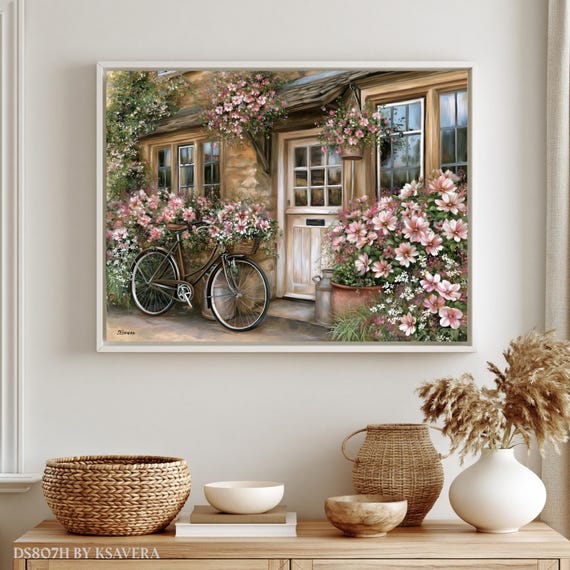 Retro Wall Art Print, Cottage, Bicycle With Flower Basket - Framed Canvas, Metal, Acrylic DS0807H