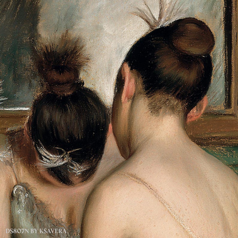 two women with their backs to the viewer, their heads turned away from the viewer.