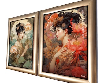 Japanese geisha DS0701 by artist Ksavera - READY to HANG - diptych - top quality print on acryl glass framed in massive golden wood frame