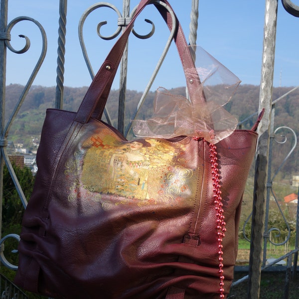 Sac Klimt - SACS de tous les jours - SAC À MAIN En Or - Sac peint DeCOUPAGE - Sac fourre-tout à fermeture éclair en faux cuir - Sac à bandoulière femme rouge bordeaux