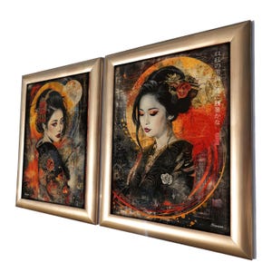 two framed artworks depicting women in traditional Japanese attire, with intricate floral and geometric patterns.
