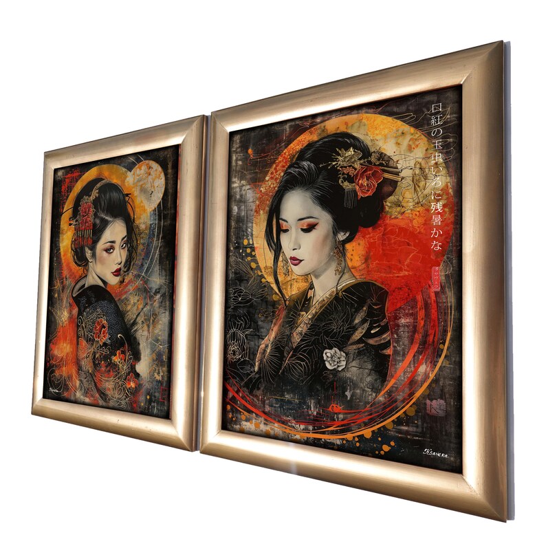 two framed artworks depicting women in traditional Japanese attire, with intricate floral and geometric patterns.
