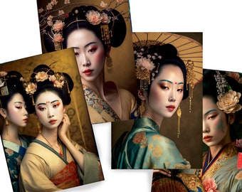 Japanese geisha DS0152 - Digital print set of 4 - synthography fine art prints - Printed on glossy premium fine art photo paper