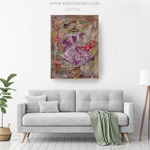 May include: A painting of a purple dress hanging on a hanger with the words "Dance" and "One day" written on it. The background is a textured canvas with splashes of color.