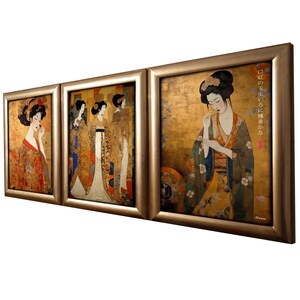 May include: A triptych of framed art prints featuring Japanese women in traditional clothing. The prints are on a gold background with intricate details and floral patterns. The text in the rightmost frame reads "口の歪むほどに笑う貴婦人"