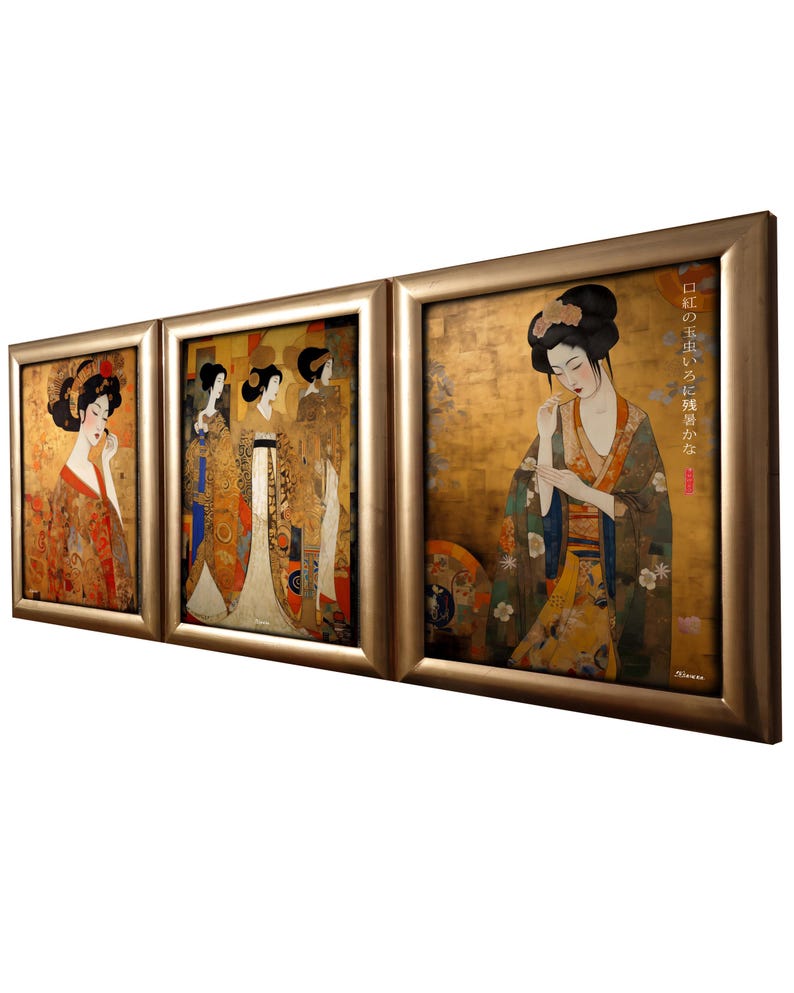 May include: A triptych of framed art prints featuring Japanese women in traditional clothing. The prints are on a gold background with intricate details and floral patterns. The text in the rightmost frame reads "口の歪むほどに笑う貴婦人"