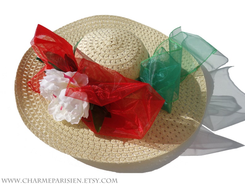 retro Paris Summer HAT with white peony red green fashion straw woven wide hat with flowers Derby 3 sun hats womens accessories