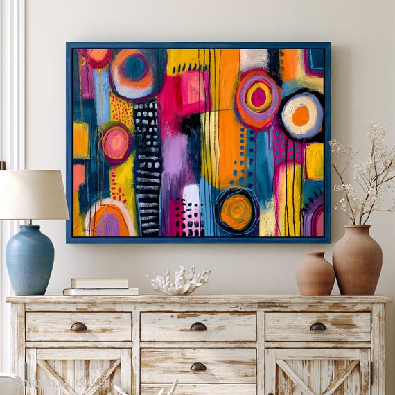 Bold Abstract Painting, Colorful Wall Art | Framed Canvas | Acrylic Glass, Metal,  Large Print DS0806G