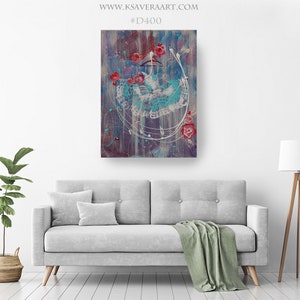 May include: Abstract painting of a ballerina in a white and blue dress with red roses. The background is a purple and blue abstract design.