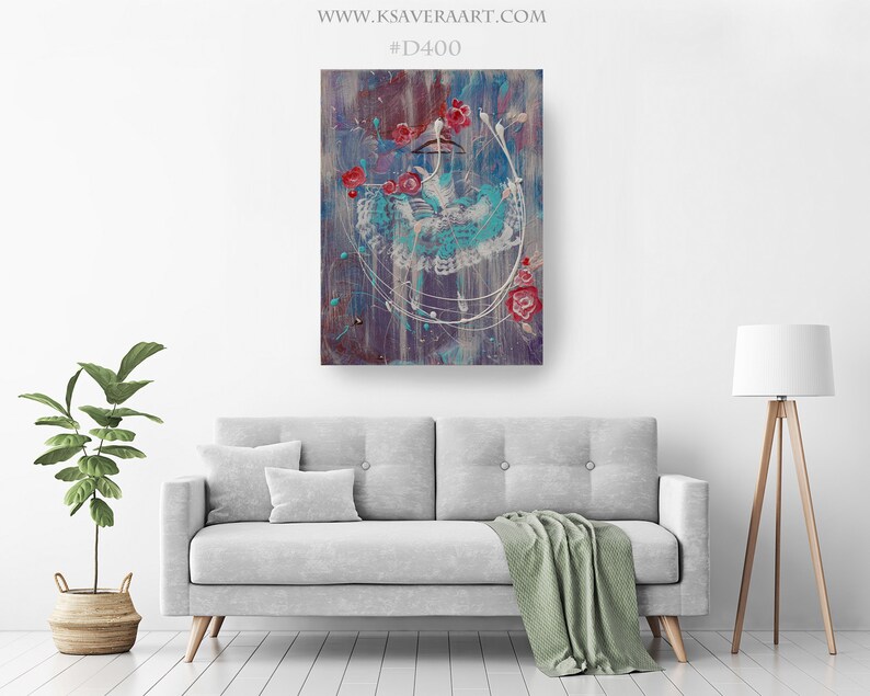 May include: Abstract painting of a ballerina in a white and blue dress with red roses. The background is a purple and blue abstract design.