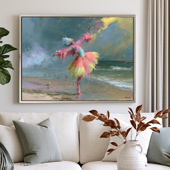 Retro Coastal wall art, Seashore Beach Print | Pink Tutu Ballerina | Large Decor DS0806Y