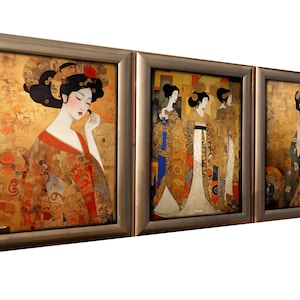 May include: A set of three framed paintings depicting women in traditional Japanese clothing. The paintings are done in a colorful style with gold accents. The frames are a simple gold color.