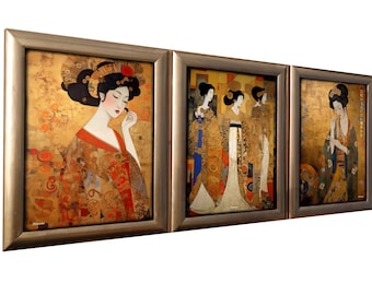 Japanische Geisha DS0709 von Künstler Ksavera – Fertig zum Aufhängen – Triptychon – Hochwertiger Druck auf Acrylglas, gerahmt in einem massiven goldenen Holzrahmen