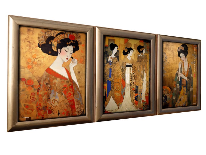 May include: A set of three framed paintings depicting women in traditional Japanese clothing. The paintings are done in a colorful style with gold accents. The frames are a simple gold color.
