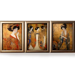 May include: A triptych of framed paintings depicting women in traditional Japanese clothing. The paintings are done in a style reminiscent of ukiyo-e, with bold colors and intricate details. The women are depicted in various poses, some looking at the viewer, others looking away. The paintings are set against a background of gold leaf, which adds to the luxurious feel of the artwork.