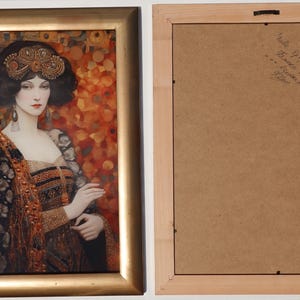 May include: A framed painting of a woman with dark hair and a gold headpiece. She is wearing a black and gold patterned dress and is standing in front of a background of orange and yellow flowers.
