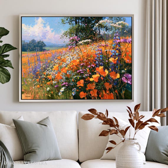 Wildflower Meadow Wall Art, Large Framed Print, Impressionist Kitchen Decor - Canvas, Metal, Acrylic - DS0807D