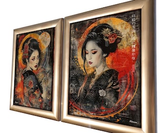 Japanische Geisha DS0700 by Künstlerin Ksavera - BEREIT zum AUFHÄNGEN - Diptychon - hochwertiger Kunstdruck auf Acrylglas in massiven goldenen Holzrahmen gerahmt