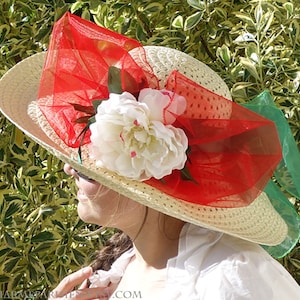 Sombrero de verano con peonía blanca rojo verde - Derby 3 - sombreros de sol accesorios para mujeres - moda paja tejida sombrero ancho con flores - retro Paris