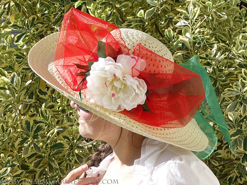 retro Paris Summer HAT with white peony red green fashion straw woven wide hat with flowers Derby 3 sun hats womens accessories