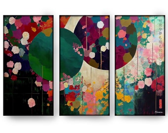 Japanese colorful decor DS0321 by artist Ksavera - set of 3 Giclée prints on streched canvas - Haiku