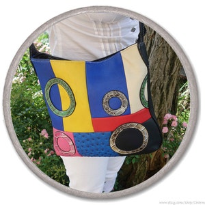 black CROSSBODY bag - GEOMETRIC BAG - everyday bag - blue yellow - faux leather bag - zipper trendy bag - womens Bag abstract square circle