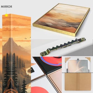 The image is a collage of various items related to a mirror, including a framed landscape painting, a mirror, a mirror frame, and a mirror hanging on a wall.