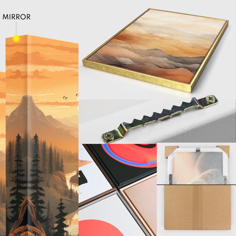 The image is a collage of various items related to a mirror, including a framed landscape painting, a mirror, a mirror frame, and a mirror hanging on a wall.