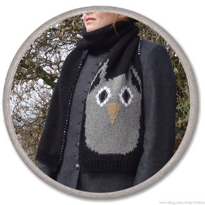 OWL KNITTED SCARF black white gray womens accessories scarves knitted fashion gift ideas for her long winter scarf image 1