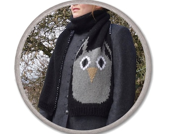 OWL KNITTED SCARF - black white gray - womens accessories scarves - knitted fashion - gift ideas for her - long winter scarf