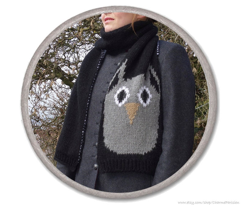 OWL KNITTED SCARF black white gray womens accessories scarves knitted fashion gift ideas for her long winter scarf image 1