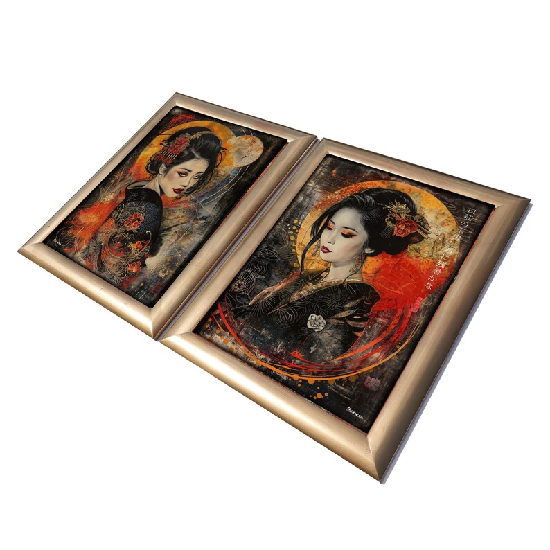 two framed artworks depicting women with traditional Japanese-style hairstyles and clothing.