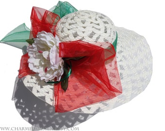 White wedding HAT with white peony red green- Ascot Derby 3 - sun hats womens accessories - fashion summer straw woven wide hat - retro