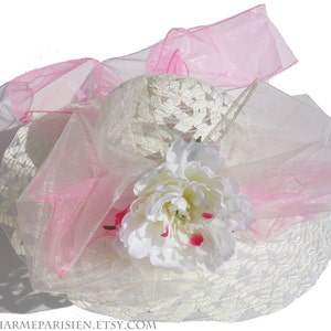 White wedding HAT with white peony pink - Ascot Derby 9 - sun hats womens accessories - fashion summer straw woven wide hat - retro