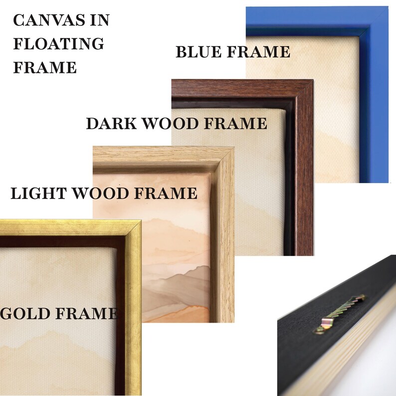 various types of floating frames, including a blue frame, a dark wood frame, a light wood frame, and a gold frame.