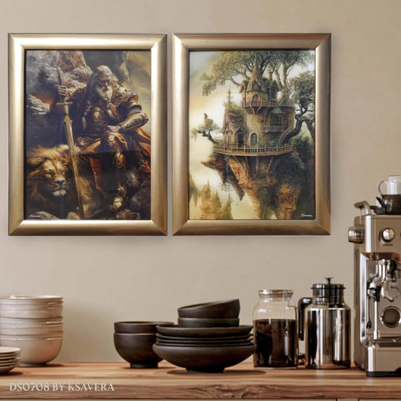 Framed Acrylic Glass Diptych – Belle Epoque King Lion Fantasy Art, Golden Wood Frame DS0708