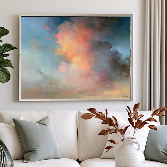 Sunset Sky, Dramatic Cloud Painting Wall Art | Canvas Print | Pink Beige Teal, DS0806R