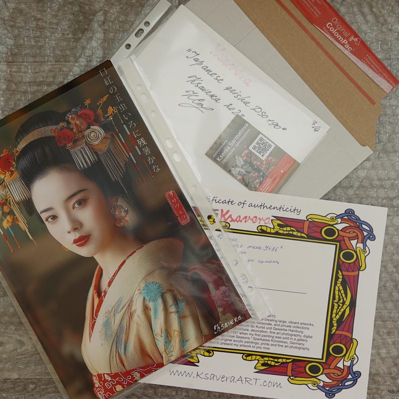 a woman with a traditional Japanese-style headdress, which appears to be a portrait. The image also includes a certificate, a card, and a letter, all of which are related to the woman and her cultural background.