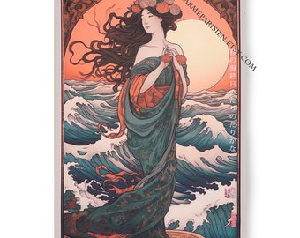 Japanese goddess DS0352 - portrait Art Nouveau - Large Giclée print on canvas XXL - 80x120 or 60x90x4 cm - Limited edition of 10