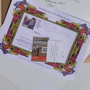 a certificate of authenticity for a painting, with a colorful frame surrounding it. The certificate appears to be from a professional painter, and there is a QR code on the bottom right of the frame.