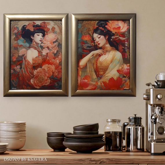 Framed Japanese Geisha Acrylic Glass Diptych – Ksavera Art, Golden Wood Frame DS0707