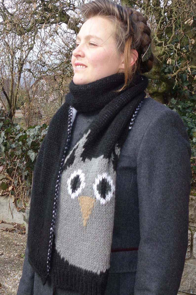 OWL KNITTED SCARF black white gray womens accessories scarves knitted fashion gift ideas for her long winter scarf image 2