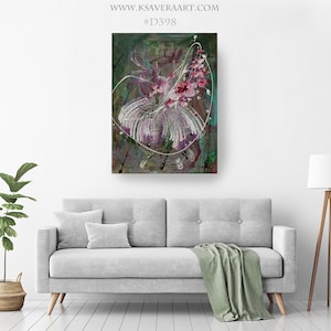 May include: Abstract painting with a white, purple, and pink floral design on a green, brown, and gray background.