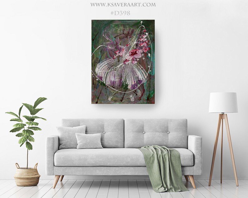 May include: Abstract painting with a white, purple, and pink floral design on a green, brown, and gray background.