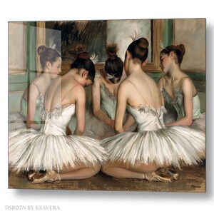 The image is a painting depicting a group of ballet dancers in white tutus and ballet slippers, arranged in a semi-circle and facing a mirror.